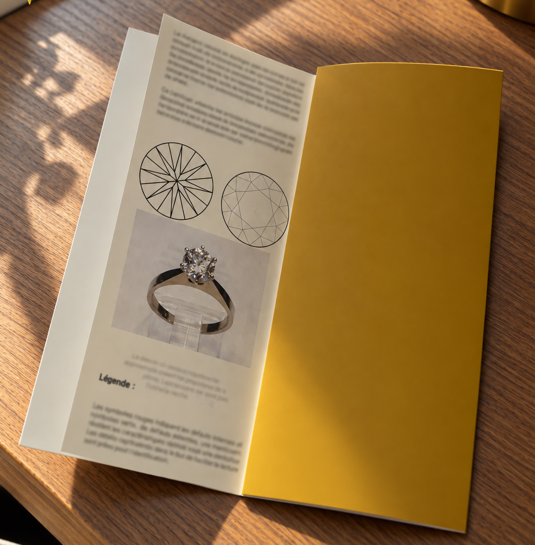 Certificat de gemmologue présentant une bague avec diamant et les caractéristiques de la pierre, posé sur un bureau en bois.