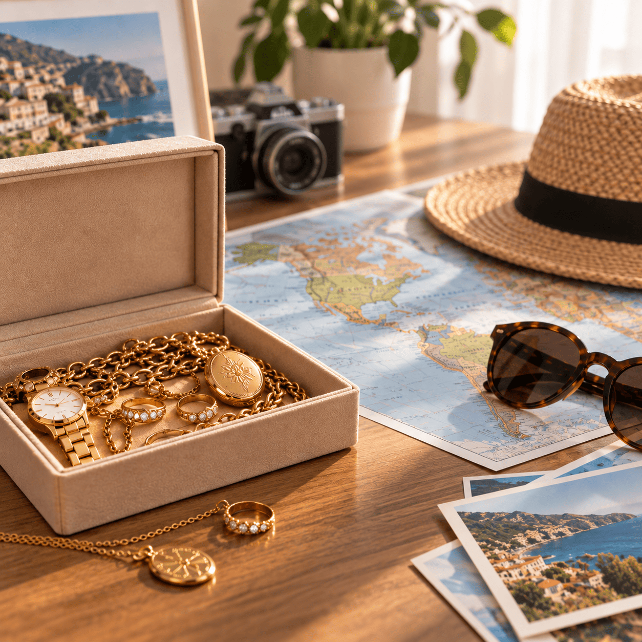 Bijoux en or dans un écrin près d’une carte du monde et d’accessoires de voyage